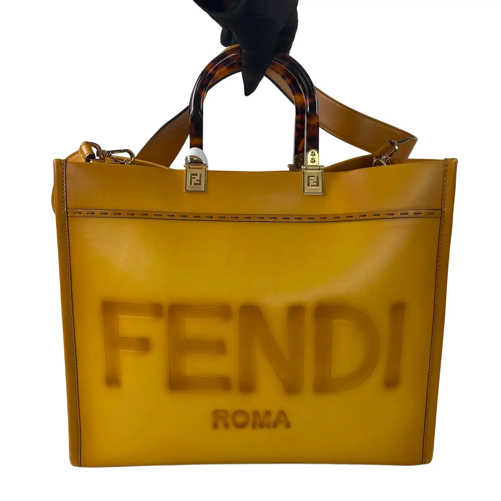 Pre-owned FENDI Leather Tote Bags mustard yellow smooth calfskin Roma medium tote bag+++bag charm+++
