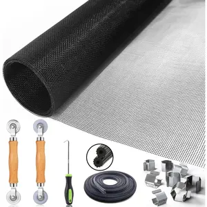 Window Screen Door Repair Replacement Kit, 6 in 1 Window Mesh Kit, Includes Black Screen Mesh 48"x118", 2 Roller, 50Ft Spline, 8 Clips, Hook, Steel/Nylon Bearing Roller
