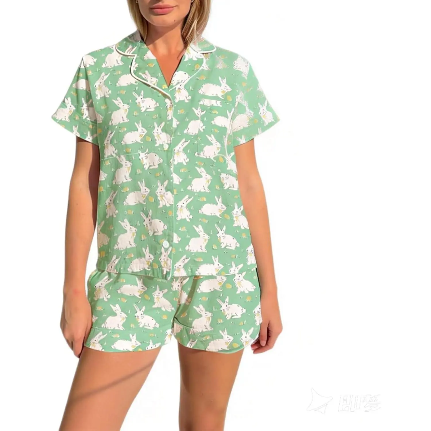 RUEWEY Women Easter Pajamas Set Cute Bunny Lounge Set Button Down Shirt and Shorts 2 Piece Pj Set Sleepwear