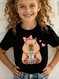 Girls Capybara Boba Graphic T-Shirt - Bow & Hearts Short Sleeve Tee