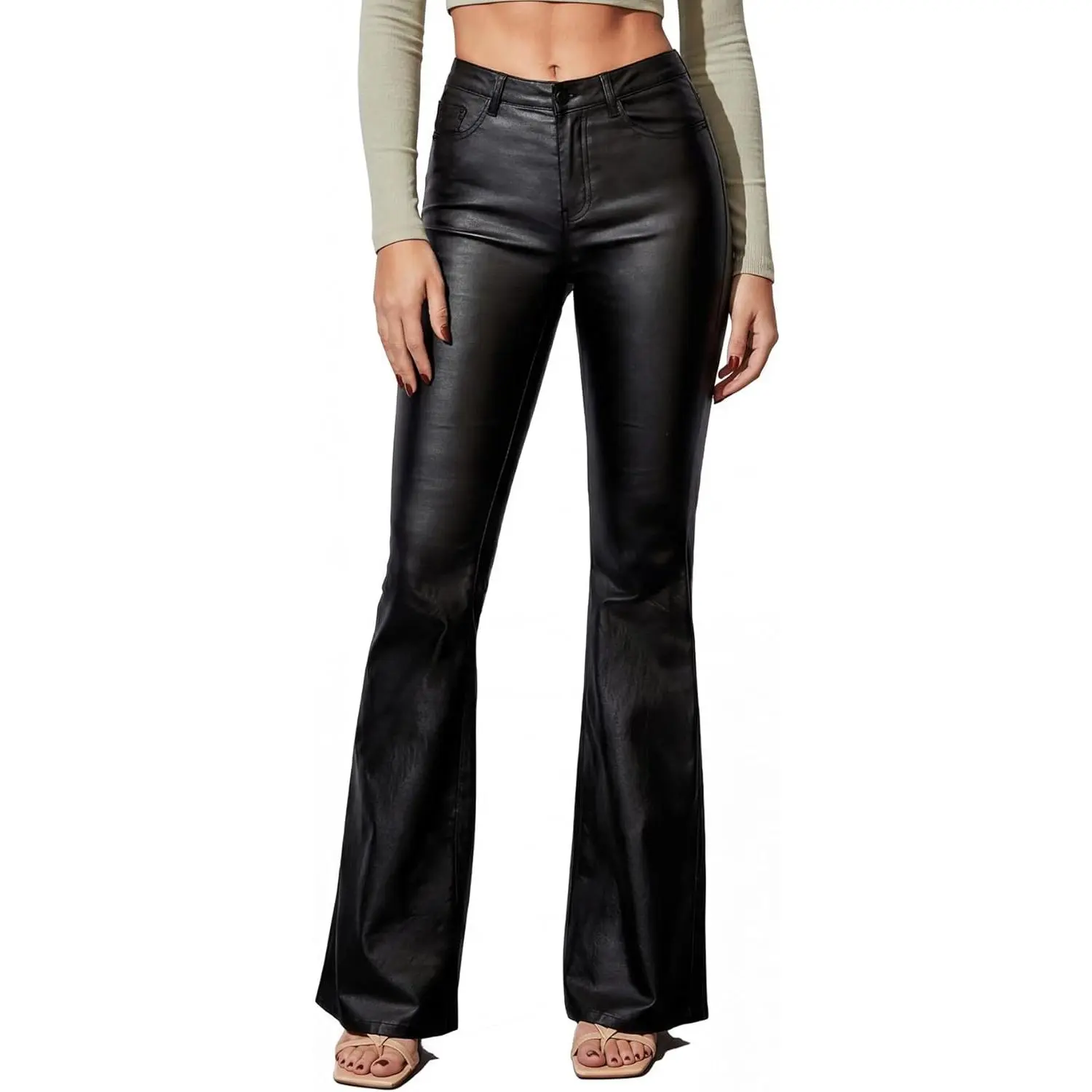 THE LOVE BRAND Women's Faux Leather Coated Flare Pants Mid Waist Black Leather Pants Black Skinny Leggings with Pockets