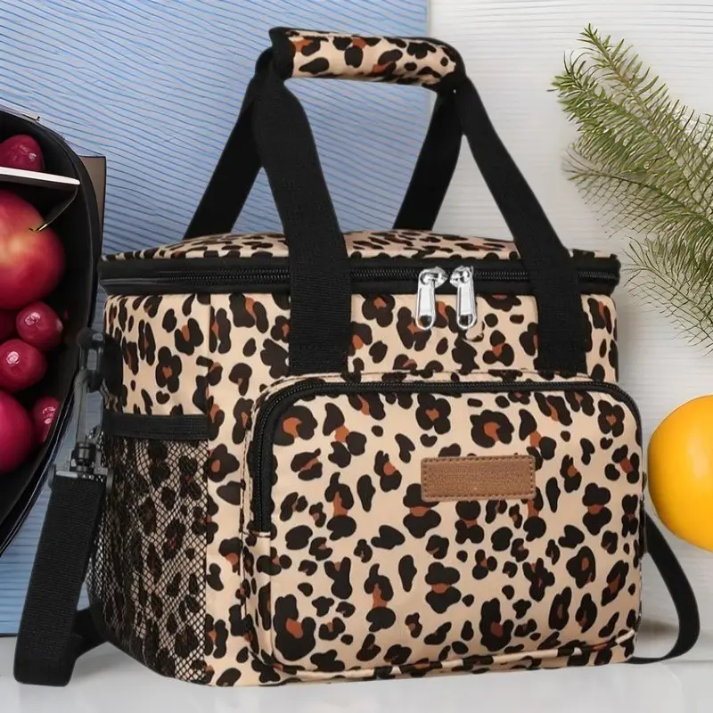 Leopard Print Lunch Bag, 1 Count Large Lunch Bag with Adjustable Shoulder Strap, Insulated Lunch Box for Work Office Picnic
