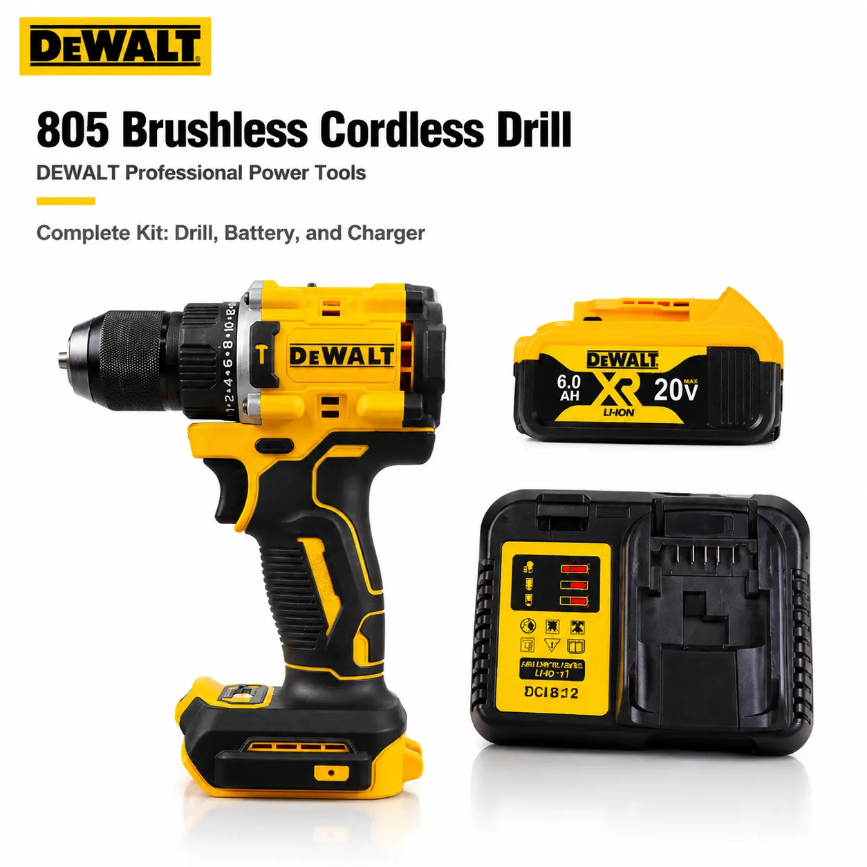 DEWALT DCD805 20V MAX XR Brushless Cordless Hammer Drill Power Tool 10mm Chuck 60N.m Torque 2-Speed 0-650/0-2000RPM For Wood Metal Masonry Drilling Home Renovation With 6.0Ah Battery And Charger Kit