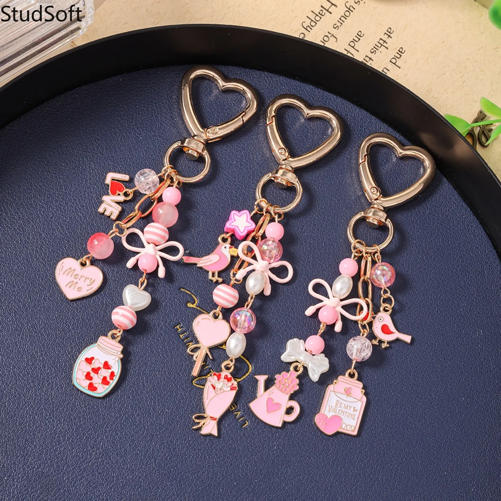 Sports & Outdoor Accessories Beaded Keychain - Bird & Flower Bouquet, Bow-Adorned Jar, Heart-Shaped Bag Charms