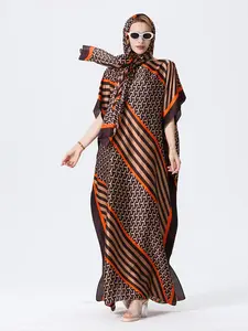 Fashion Casual Ethnic Print Kaftan Dress with Matching Headscarf, Base with Vibrant Accents, Perfect for Trendy