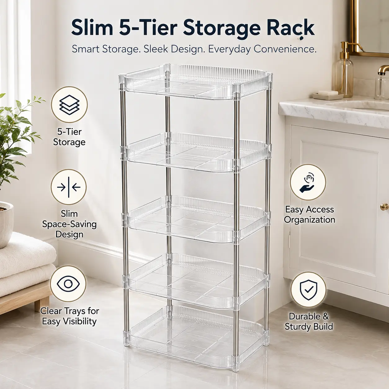 5-Tier Clear Storage Rack, Slim Vertical Organizer with Transparent Trays for Bathroom, Vanity, Kitchen, Bedroom and Small Spaces