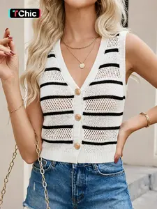 Women's V-Neck Colorblock Open Front Washed Sleeveless Vest, Sleeveless Knit Top with Button Details, Casual Summer Vacation Wear, Comfortable Striped Design