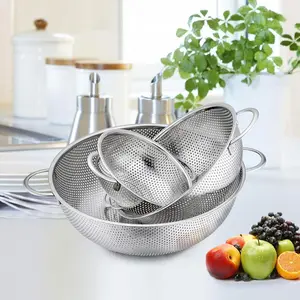 3 Pcs Colander Set,Stainless Steel Micro-Perforated Colanders Strainers for Draining Rinsing Washing, Ideal for Pasta Vegetables Fruits, Heavy Duty & Dishwasher Safe - 1/3/5 Quart
