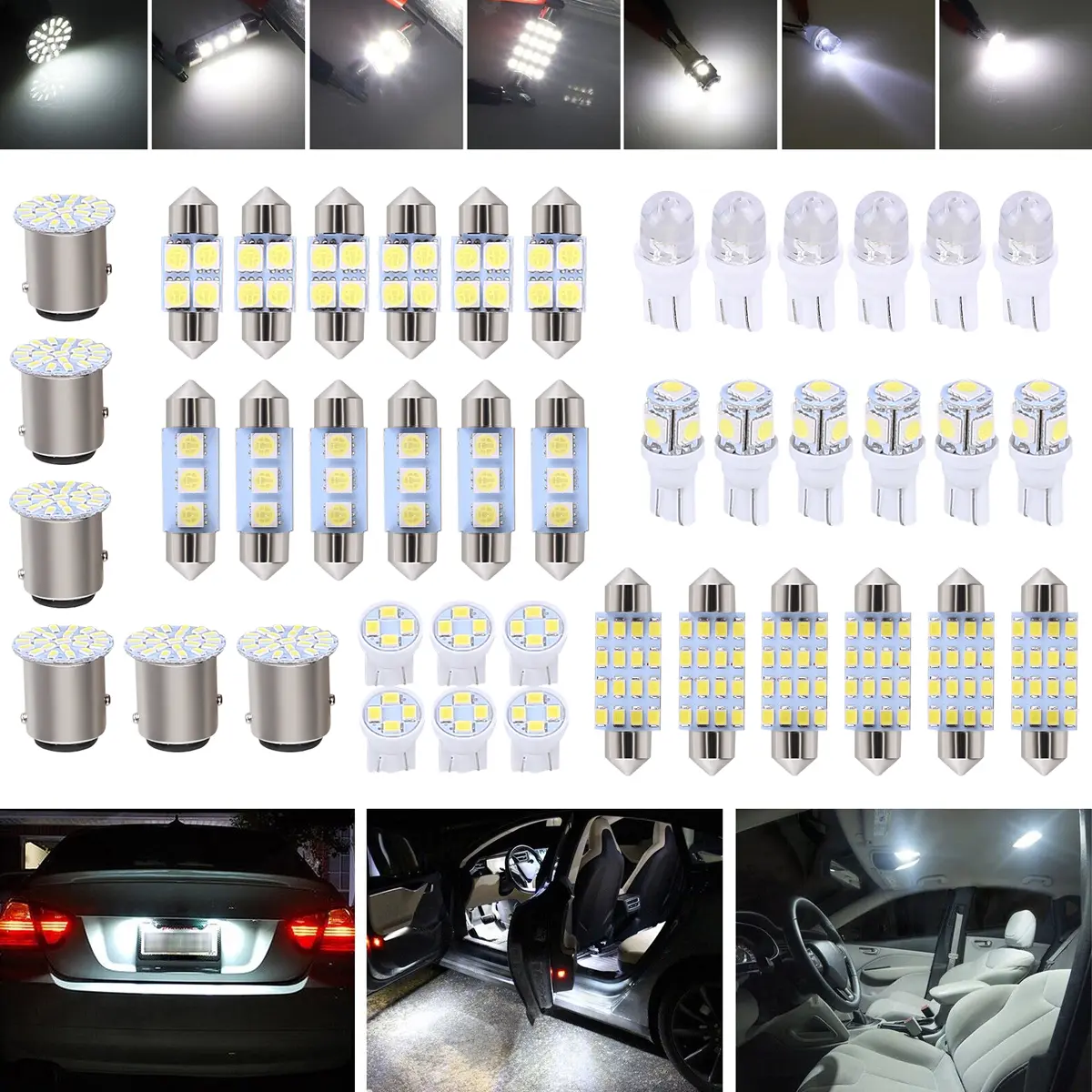 42PCS Car LED Bulb Set – T10, Festoon, Dome & License Plate Lights, 6500K White, IP68 Waterproof, Easy Install Interior Light Kit for 12V Vehicles