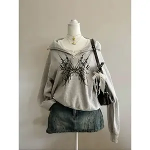 Tiktok Trendy Half-Zip Hoodie, Loose Fit Casual Style, Dark Fashion, Vintage Punk Look, Perfect for Fall & Winter
