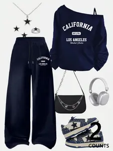 2 Piece Set Y2K American Campus Style Off-Shoulder Sweatshirt & Wide Leg Pants, Cartoon Print, Fitted Design, All Seasons
