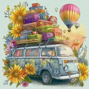 Sunflower & Travel Bus Cross Stitch Kit, 11 Grids, DIY Colorful Hand Embroidery Design, Home Wall Decor Gift, Frameless, 14.17x14.17 Inches