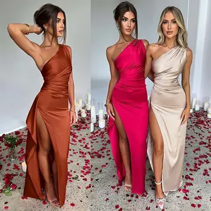 2025 Summer New Design Sense Elegant Sexy Slim Fit Asymmetric Shoulder Split Satin Dress Wedding Guest Outfit
