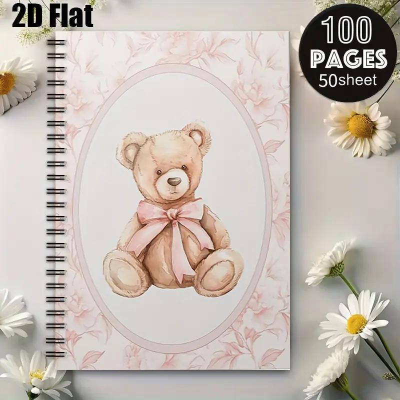 1pc Teddy Bear Spiral Notebook, 5.7x8.26 Inch, Cute Floral Design, Durable Coil Binding, Perfect for Daily Journaling, Kids School Notes, Birthday Gift, Baby Shower Present, Girls Stationery, Travel Diary, Christmas Gift for Children [2D] Flat