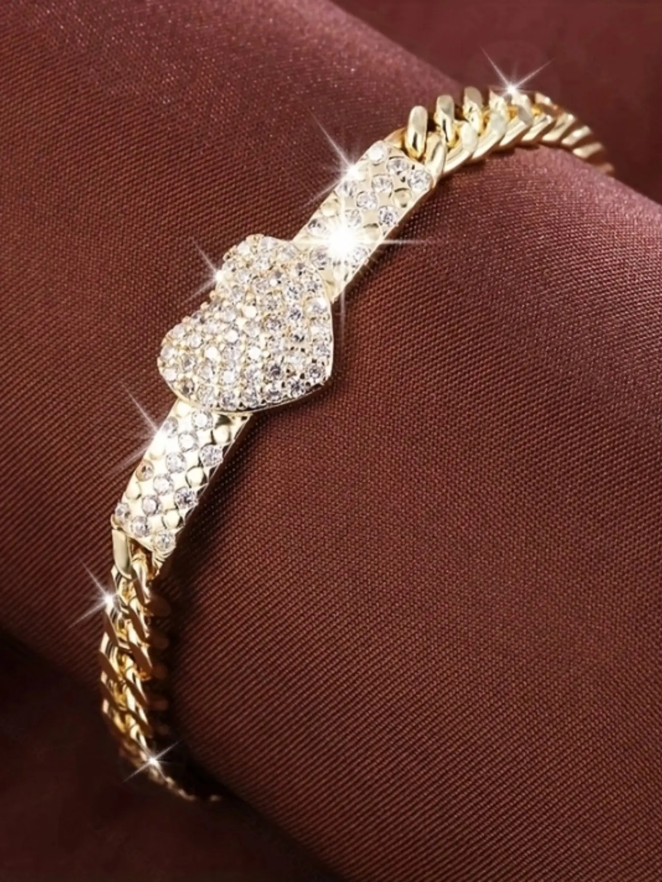 Elegant Sparkling Zircon Heart Bracelet, Women's Fashion Chain Engagement Wedding Jewelry Gift, Stylish Artificial Zircon Handmade Accessory, Heart Design Bracelet, Cuban Link Bracelet, Cuban Link Bangle, Exquisite Bracelet