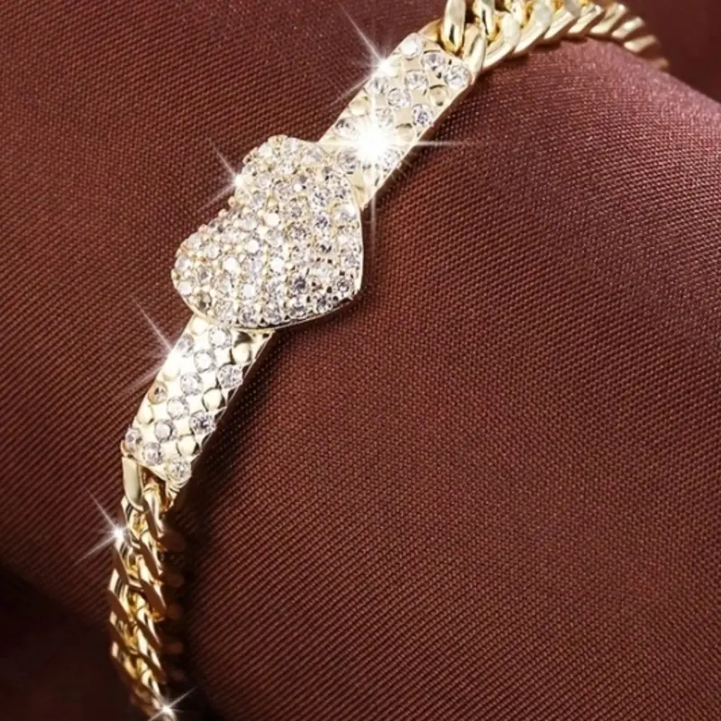 Elegant Sparkling Zircon Heart Bracelet, Women's Fashion Chain Engagement Wedding Jewelry Gift, Stylish Artificial Zircon Handmade Accessory, Heart Design Bracelet, Cuban Link Bracelet, Cuban Link Bangle, Exquisite Bracelet, Jewelry Bracelets