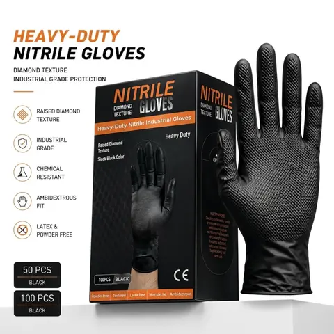 8Mil Heavy Duty Black Nitrile Gloves, Diamond Textured Ultra Grip, Latex Free Disposable Gloves for Mechanic, BBQ & Cleaning Industrial Grade Ambidextrous
