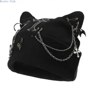 Gothic Cat Ear Beanie for Women, Y2K Punk Grunge Knit Hat with Chain Accent and Safety Pin Detail, Bat Wing Inspired Black Winter Warm Beanie, Alt Streetwear Aesthetic Winter Cap for Women Teens Daily Wear Cosplay Festival Outfit Edgy Adjustable