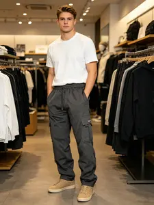 Men's Heavyweight Cargo Sweatpants，Mid Rise Grey Cargo Sweatpants Joggers Comfy Soft Pocket Pants for Daily Wear, Wide sweatpants