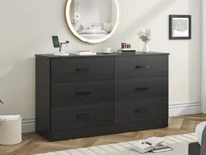 Black 6 Drawer Dresser for Bedroom, 15.8" D x 47.2" W x 27.7" H in Simply Modern Chest of Drawers, Wood Storage Double Dresser with Deep Drawers for Living Room, Hallway Entryway, Black