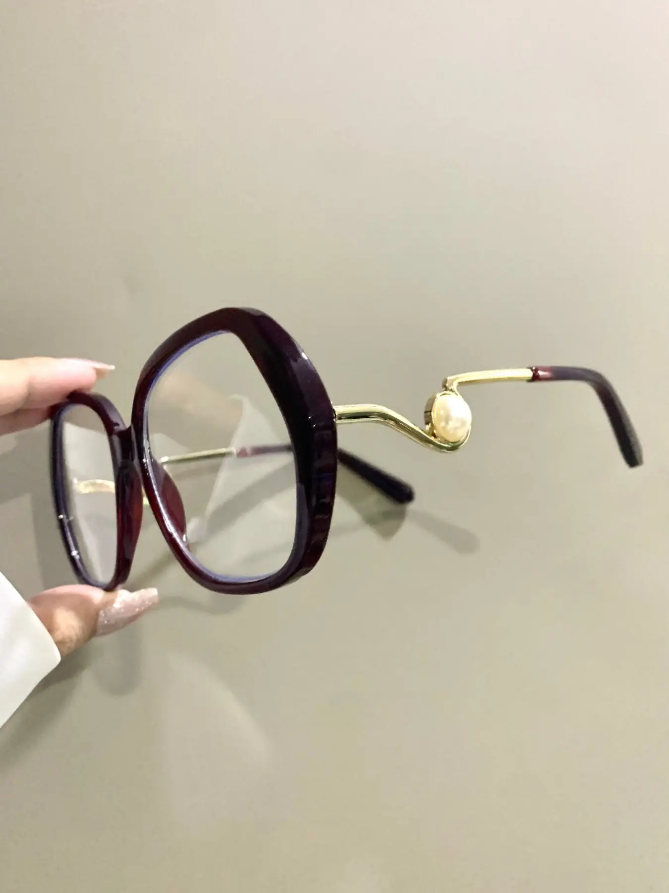 Women's Irregular Large Frame Glasses, Stylish and Elegant Patchwork Eyewear, Novelty Pearl Decoration Metal Curved Frame Legs, Polycarbonate Frames, Stylish Eyeglass