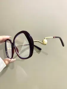 Women's Irregular Large Frame Glasses, Stylish and Elegant Patchwork Eyewear, Novelty Pearl Decoration Metal Curved Frame Legs, Polycarbonate Frames