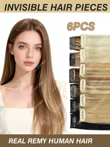 6-Piece Real Human Hair Extensions, Single Root Dyed (high Light), Clip-In Straight Hair, Invisible Thin Hair Pieces, Seamless Blend