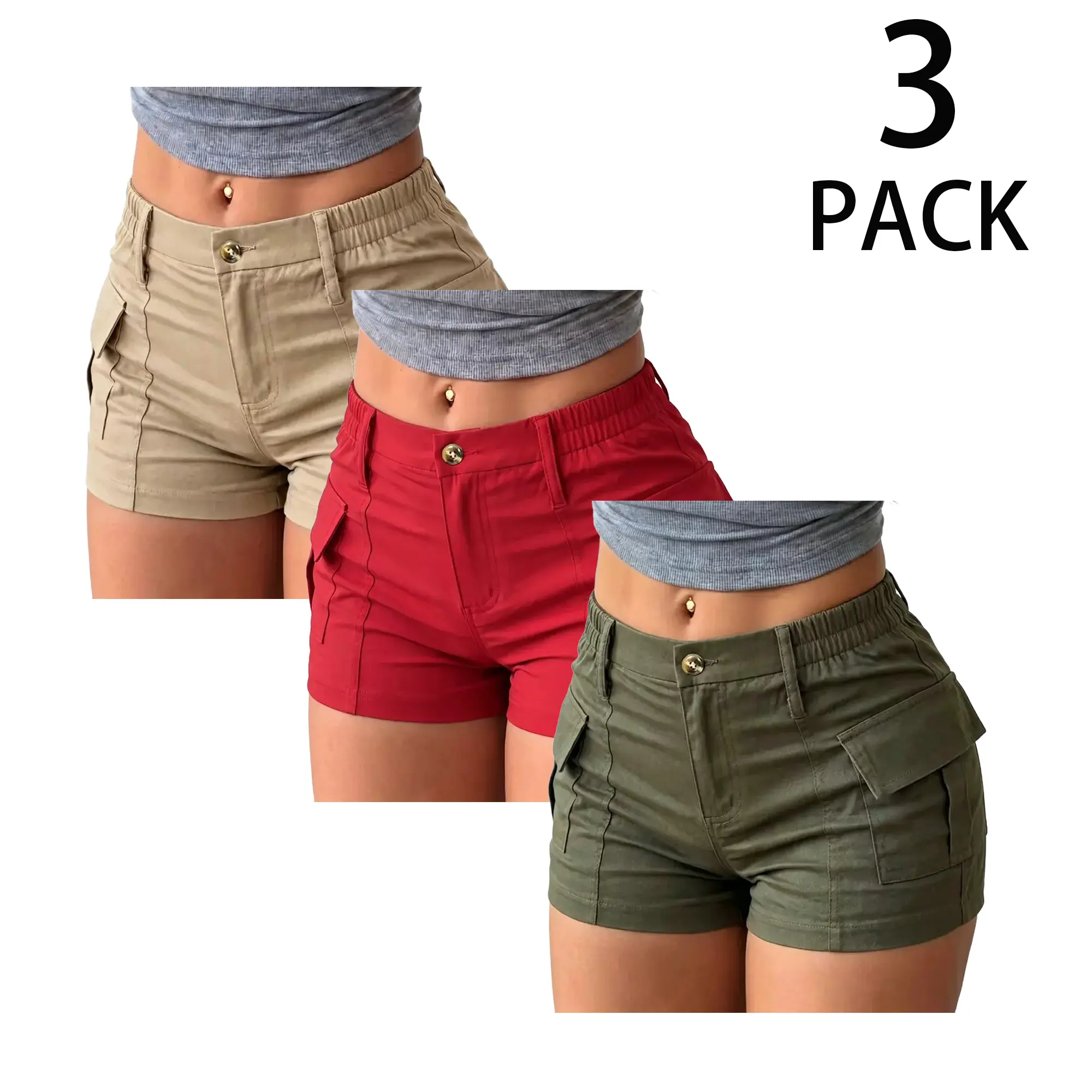 Summerwins Women's High-Waisted Mini Cargo Shorts Set (3-Pack) - Elastic Waistband, Multiple Pockets, Button Closure, Cash Pocket, Casual Sexy Style Bottom for Women, Comfortable for Summer Everyday & Outdoor Use, Shorts For Women,back to school shopping