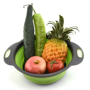 Foldable Kitchen Colander Green, Collapsible Fruit Vegetable Wash Basket, Fast Water Drain Strainer with Built-in Holes for Pasta Rice – For Home Cook Apartment Renter Gift
