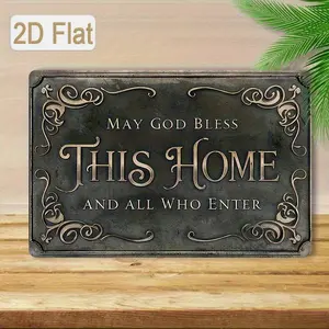 1PC Print Inspirational Metal Wall Sign – “May God Bless This Home” Religious Quote | Vintage Iron Decor with Ornate Floral Pattern | 8x12 Inch (20x30cm) Lightweight 2D Flat Bar Wall Art | Perfect for Living Room, Hallway, or Home Decoration  Tin