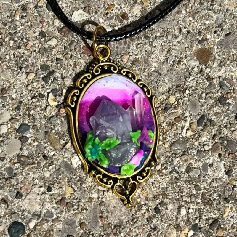 Amythest and quartz on polymer clay pendant necklace