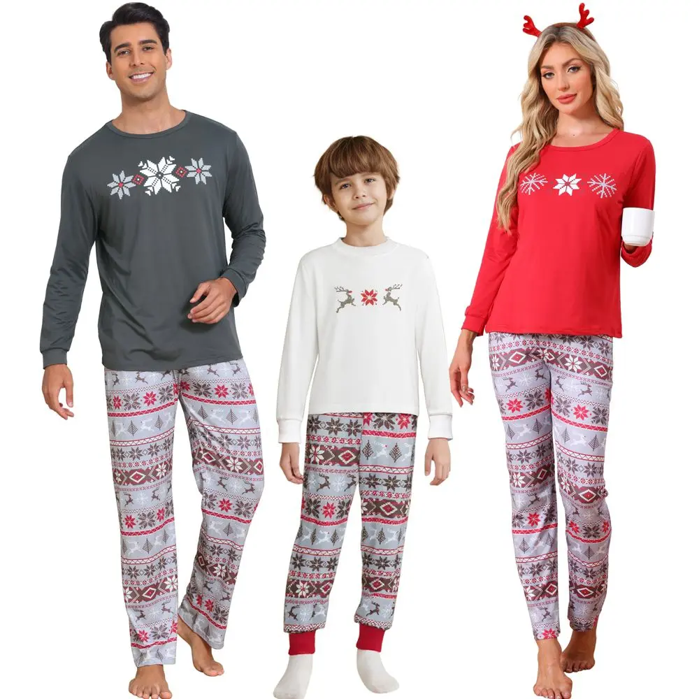 INSPIRE CHIC Christmas Family Pajama Sets Matching Snow Print Long Sleeve Tops with Pants Lounge Set Women's