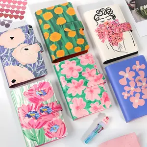 A6 Floral Cover Loose Leaf Notebook with Magnetic Closure, PU Leather Cover, Blank Pages, Heart and Round Stickers Included