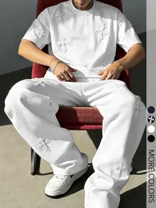 Men's Two-Piece Outfit Set, White Cross Embroidered T-Shirt and Matching Straight-Leg Pants, Streetwear Style for Trendy Young Men