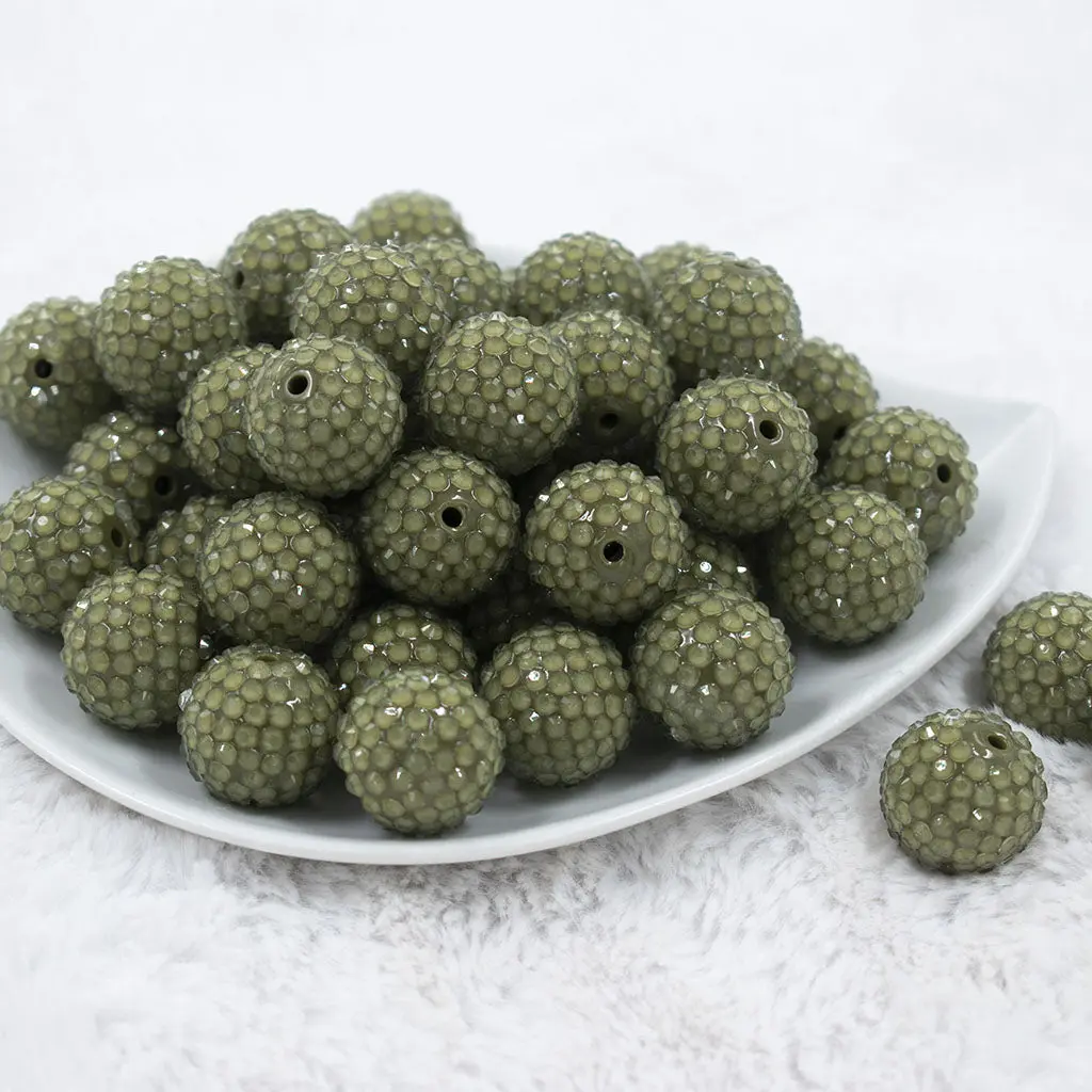 20mm Army Green with Clear Rhinestone Bubblegum Beads