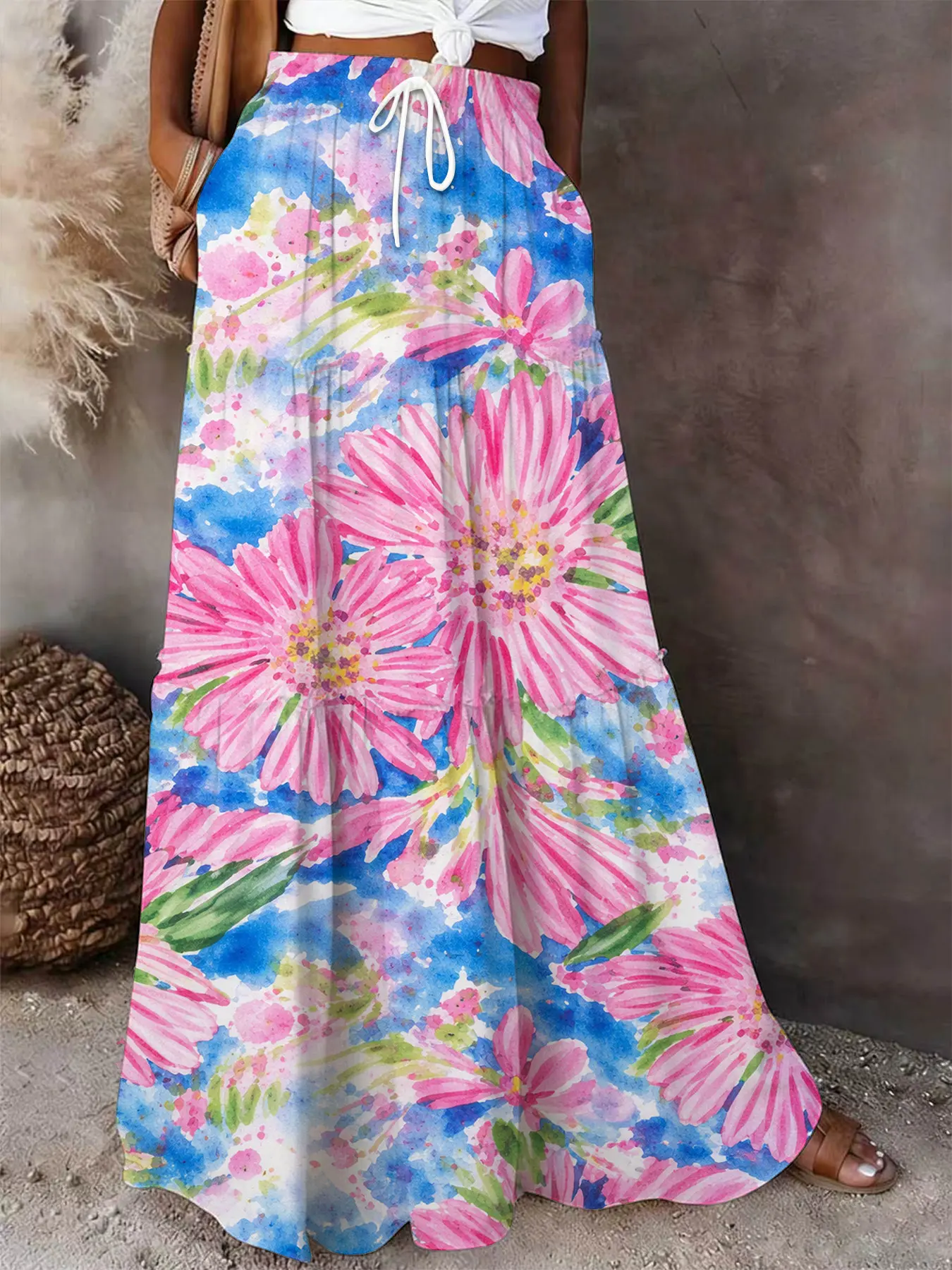 Watercolor Floral Daisy Print Womenswear Maxi Skirt | Vibrant Summer Boho Skirt for Beach