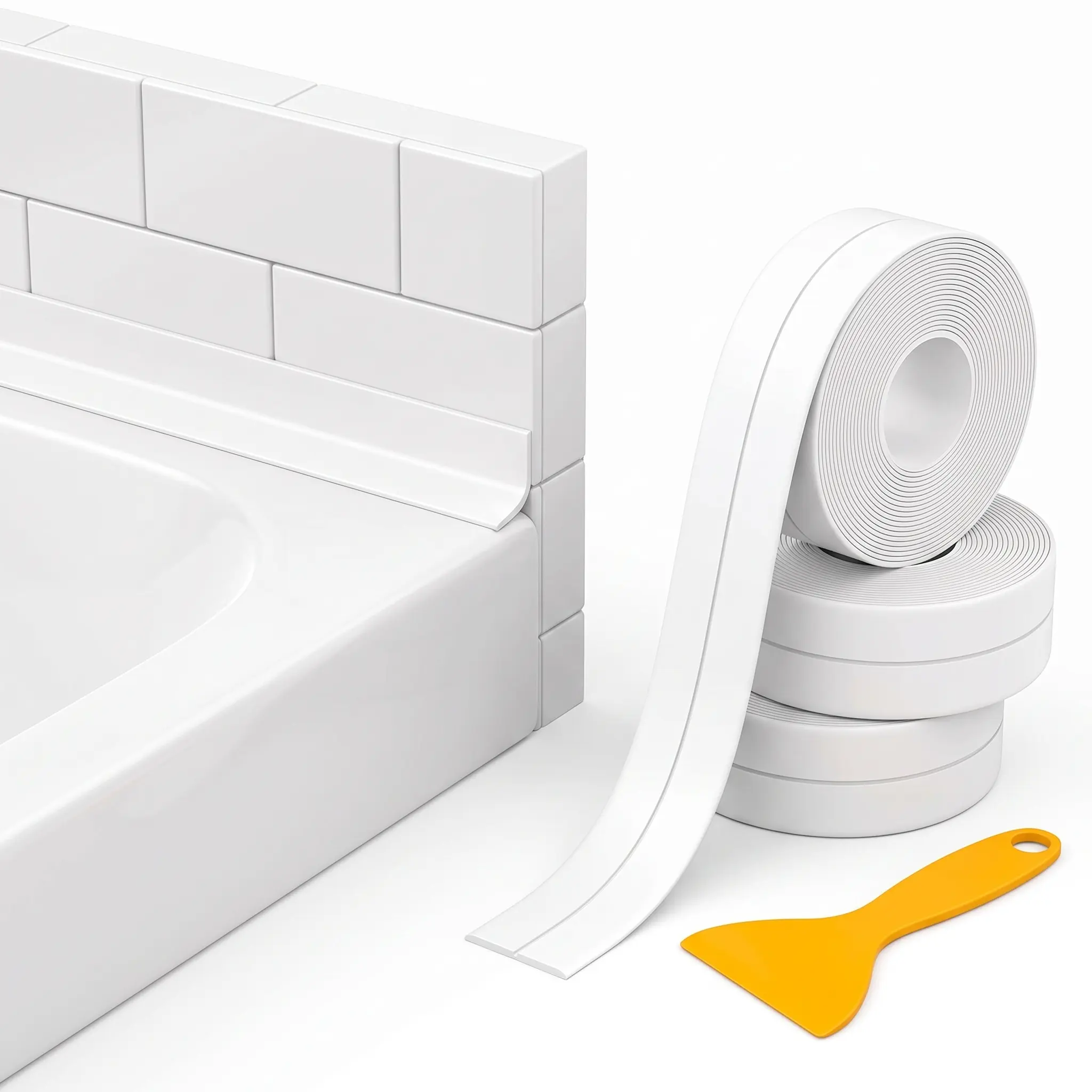 Heavy Duty PVC Caulk Tape (3-Roll, 1.5x10.5 ft) - Self-Adhesive Heatboost Adhesion, Edge Fixing, Waterproof, Mold-Resistant, Leak-Proof Airtight Seal for Bathroom, Sink & Window Flat Surfaces