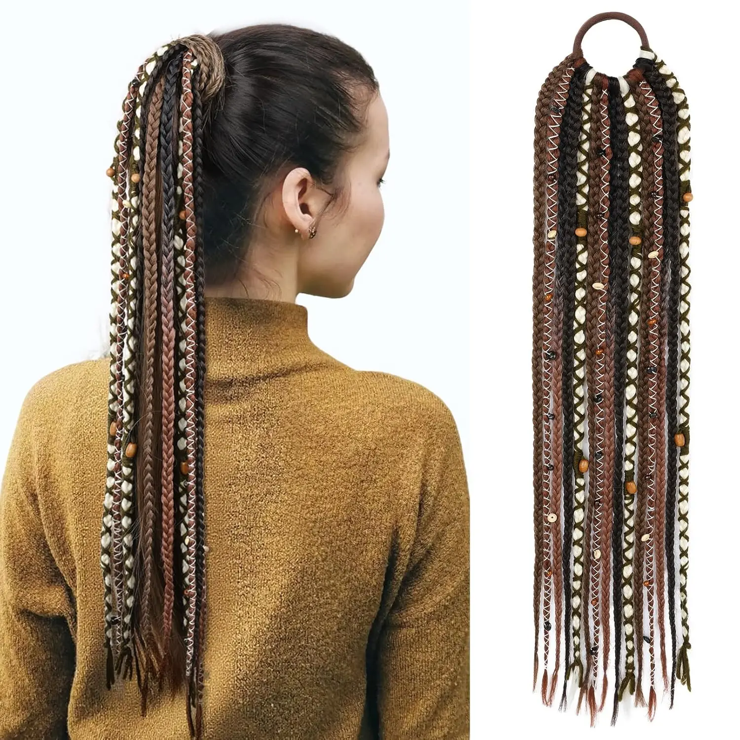 Boho Braided Ponytail Extension with Hair Tie, 24" Long Viking Dreadlock Beads Ponytail Hand-braided Braids Hair Extensions Lightweight Natural Synthetic Hairpiece for Festival Cosplay Blonde