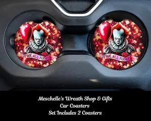 Halloween Theme Car Coasters, 2 Pcs Set, 2 Piece Neoprene/Ceramic We All Float Horror Design - Easy to Install, Cup Protector, Stylish Functional Automotive Interior Decoration Accessories