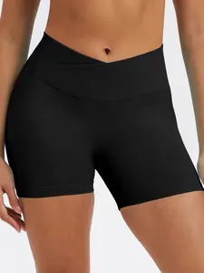 Trendy Patchwork Cross Waist Yoga Shorts, Gathered Butt Lifting Low-Waisted Fitness Pants, Peach Hip Sports Wear, Breathable Athletic Shorts