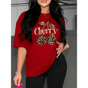 Women’s cherry and letter print crew-neck T-shirt, summer casual short-sleeve crew-neck T-shirt, fashionable women’s top for everyday wear, beautiful fruit T-shirt GARMENTARY