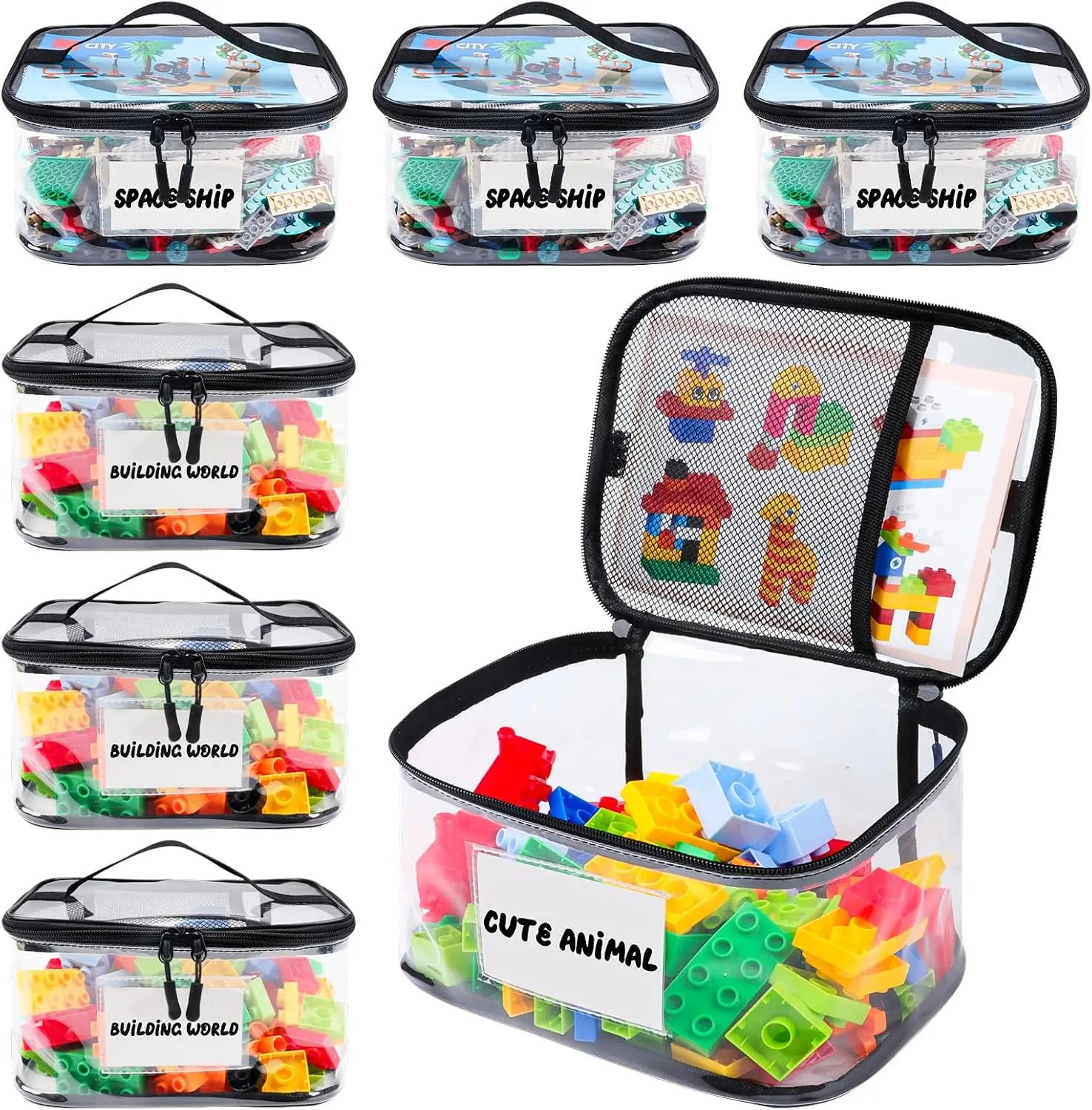 6 Pack Clear  Storage Bag with Name Tag& Manual Pocket,  Transparent PVC  Organizer Case for  Bricks, Board , Building Blocks, Puzzles (Large Capacity, Black)