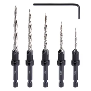 Countersink Drill Bit Set,  5 count Countersink Drill Bit #4?6?8?10?12, Tapered Drill Bits with 1/4" Hex Shank Quick Change and Allen Wrench, Counter Sinker Drill Bit Set for Woodworking