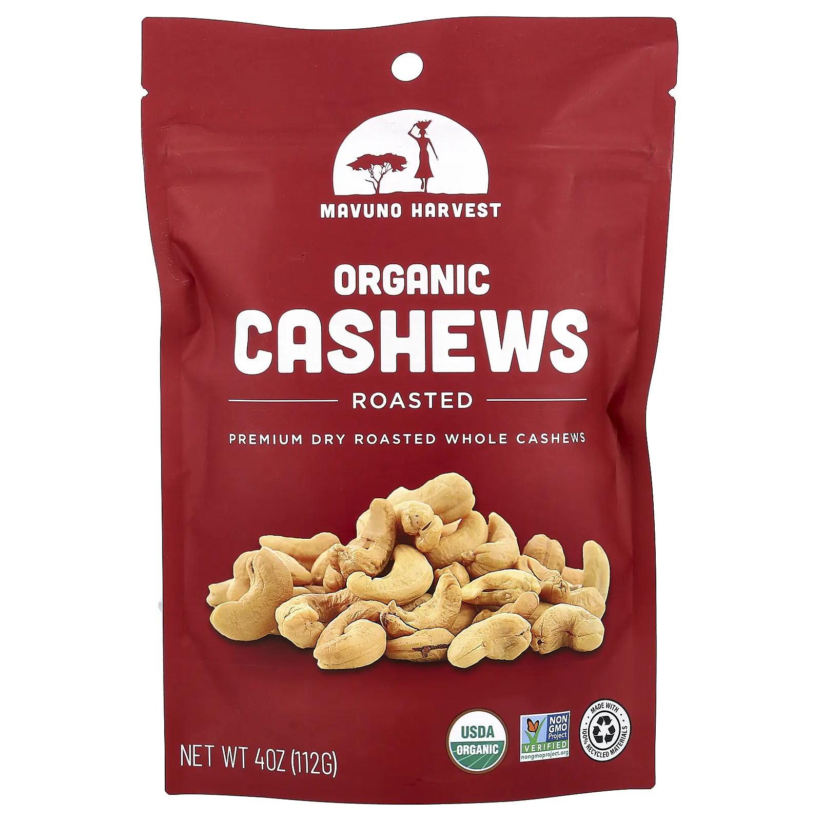 Mavuno Harvest Organic Cashews, Roasted, 4 oz (112 g)