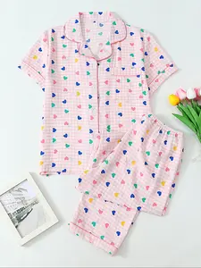 Women's Plaid & Heart Print Short Sleeve Pajama Set, Casual Comfy Button Front Chest Pocket Design Lapel Neck Top & Elastic Waist Trousers PJ Set, Ladies Sleepwear Pyjamas