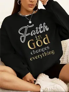 [Plus Size] Letter Print Drop Shoulder Sweatshirt, Casual Long Sleeve Round Neck Crewneck Pullover for Women, Women's Clothing for Fall & Winter, Fit