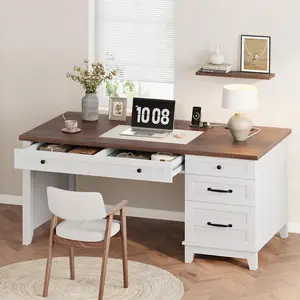 Farmhouse Executive Desk with Charging Station Wooden Computer Desk with 4 Drawers Large Tabletop Office Desk with File Drawer Hanging Rod Laptop Writing Study Table for Dual Monitors Home Office Workspace Rustic