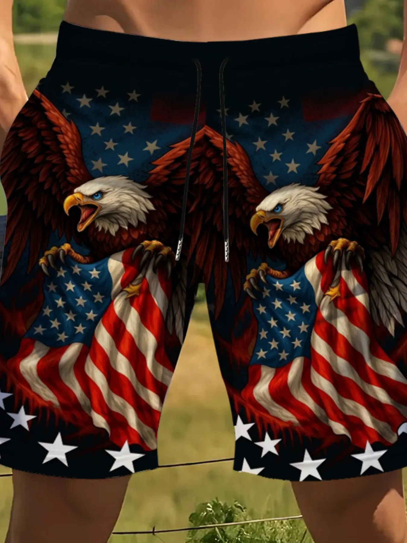 American 250th Anniversary Flame Flag Eagle Men's Shorts, All Over Print, Polyester Comfortable Lightweight, Drawstring Waist, Pocketed, Casual Beachwear, Fashionable