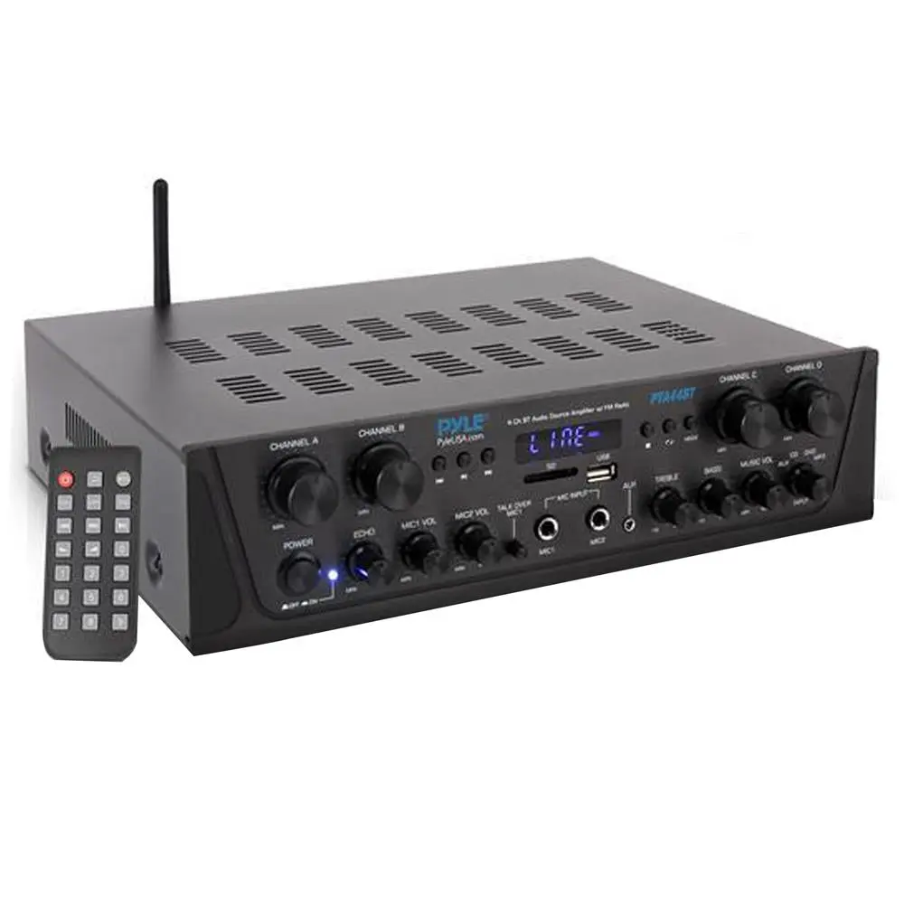 500W 4-Channel Bluetooth Amplifier - Wireless Streaming, USB/SD/AUX | Portable Remote Control Home Stereo Receiver with Microphone Support - Home & Office Audio System