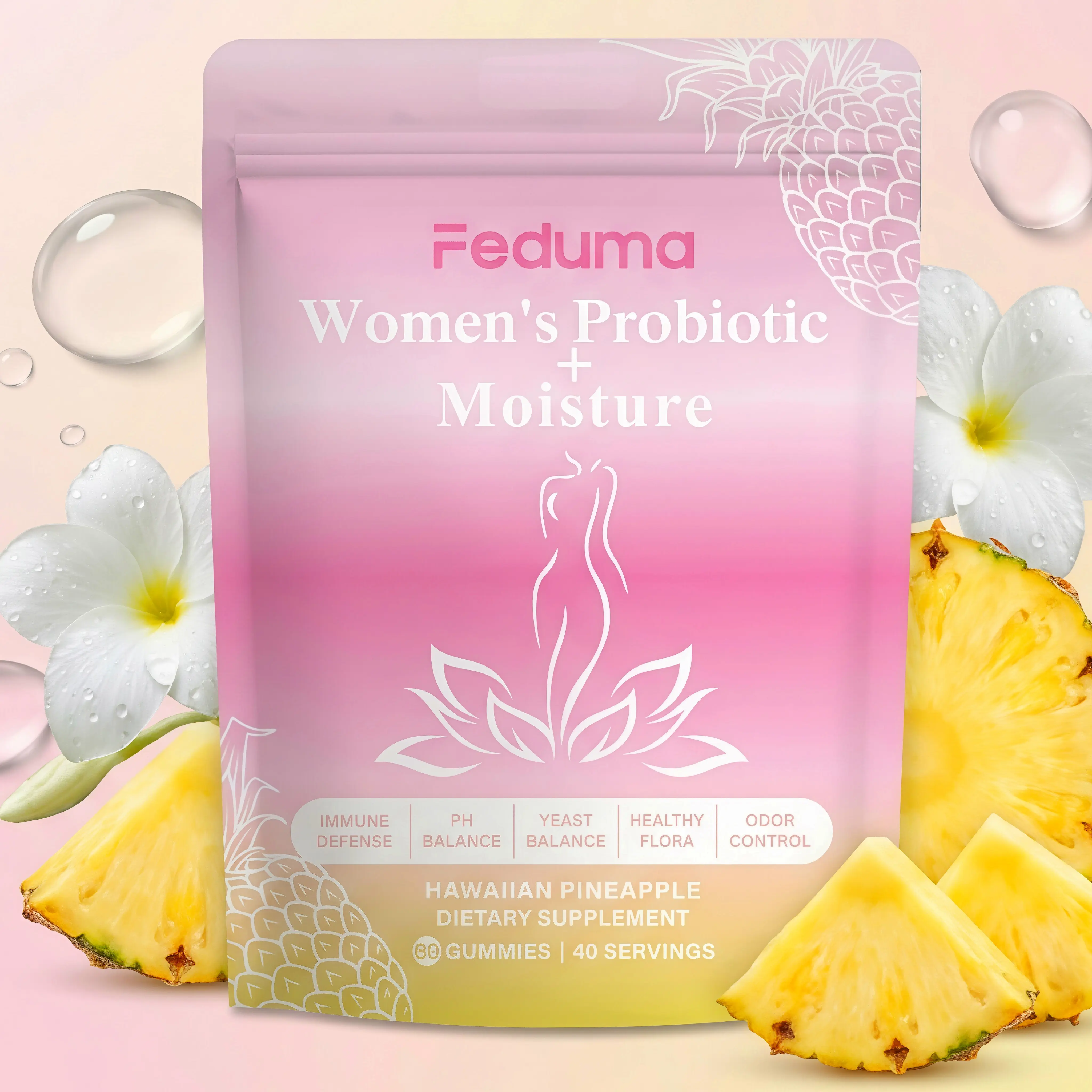 Feduma Her Juicy Feminine Probiotics Gummies | All in One Solution with Slippery Elm and Prebiotics&Lactobacillus Probiotic Blend for Women’s pH Balance and Dryness | Hawaiian Pineapple Gummies 80 Count | Independent packaging